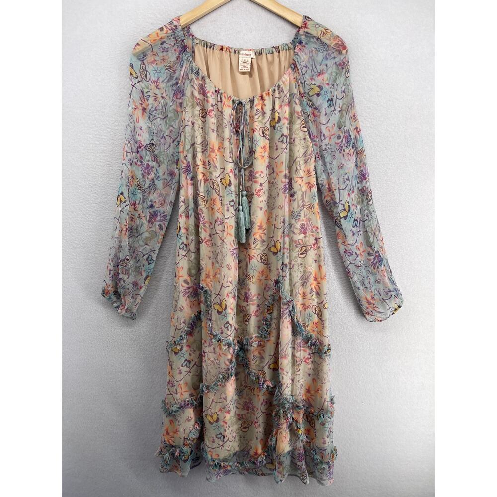 SUNDANCE Dress S Mariposa Floral Butterflies Peasant Chiffon Ruffled Pink